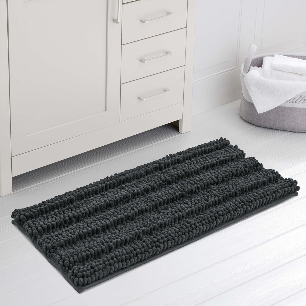 Subrtex Non-Slip Bathroom Rugs Chenille Soft Striped Plush Bath Mat Grey 24x60 1-Piece